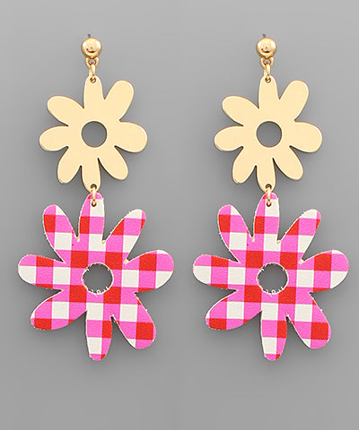Double Flower Dangle Earrings Pink