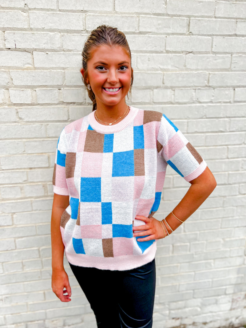 Multi Color Checker Short Sleeve Sweater