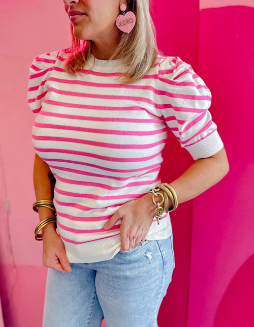 Paisley Puff Sleeve Striped Sweater- Pink