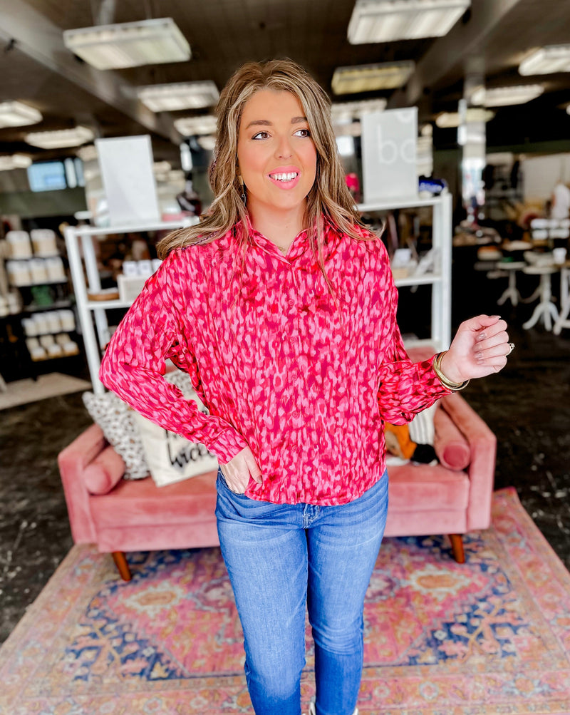 Red & Pink Patterned Button Up Top