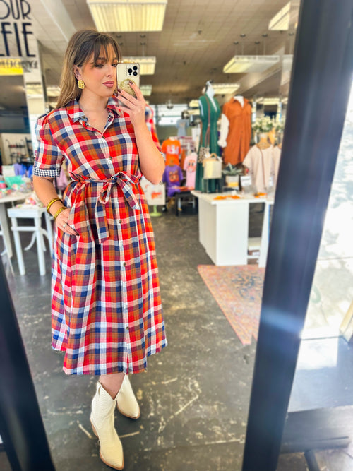 Peyton Plaid Check Midi Dress- Navy