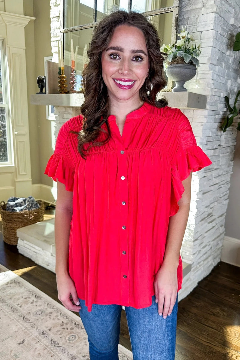 Ruched Neckline Ruffle Sleeve Button Down - Red