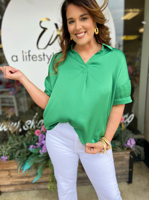 Large-Emerald Green Silky Collared Blouse