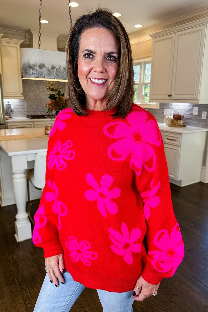 Retro Red/Pink Mix Flower Sweater