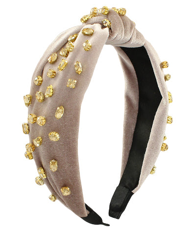 Jeweled Velvet Knotted Headband - Tan/Topaz