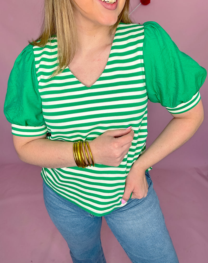 All for Luck Striped Top- Green