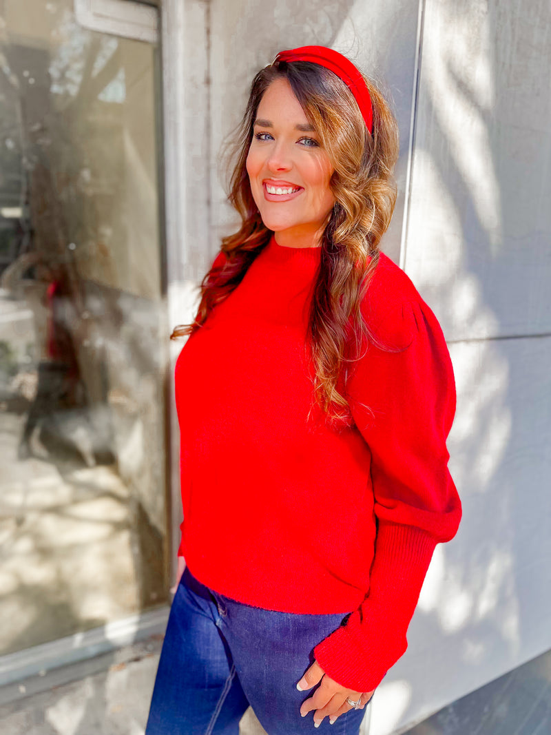 Puff Shoulder Solid Sweater- Red