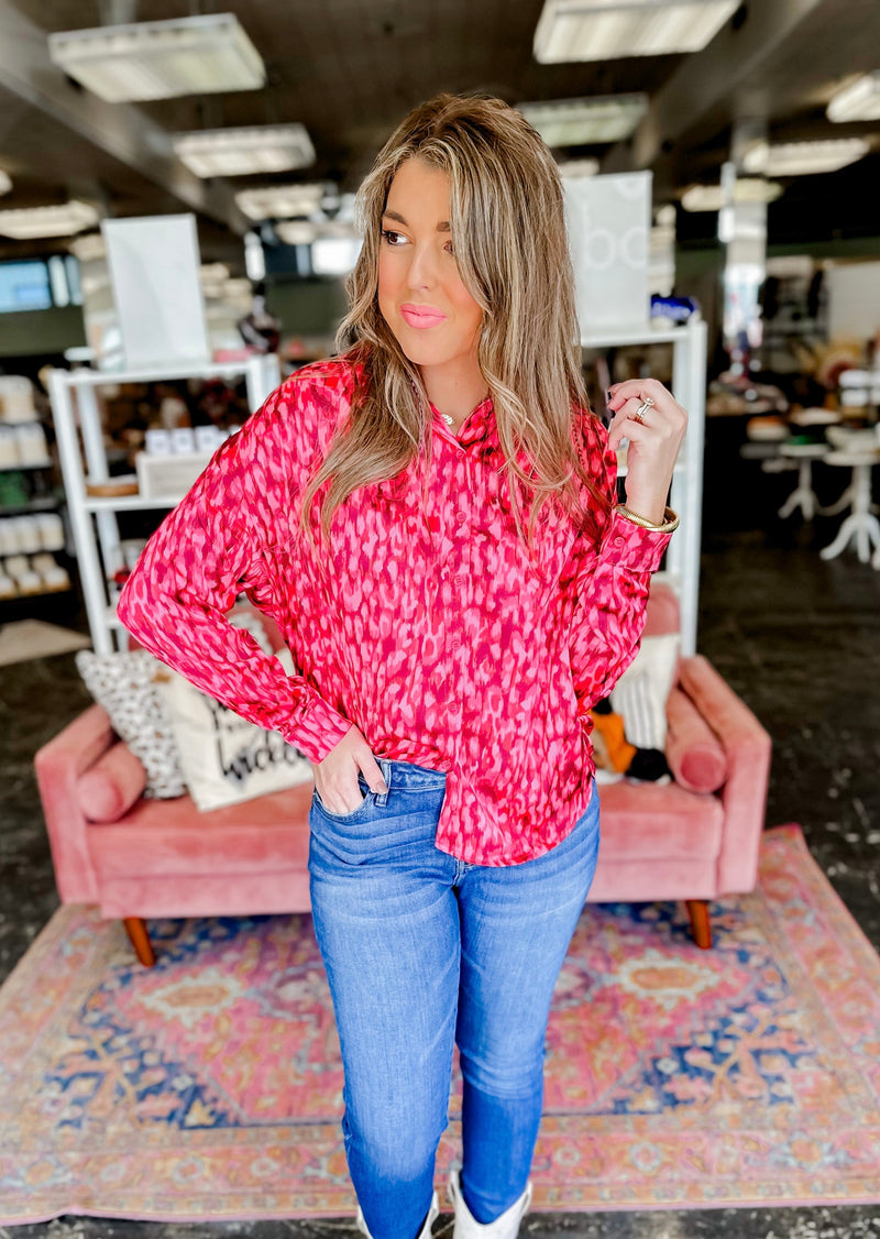 Red & Pink Patterned Button Up Top