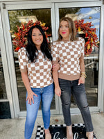 Checkered Puff Sleeve Knit Top- Taupe