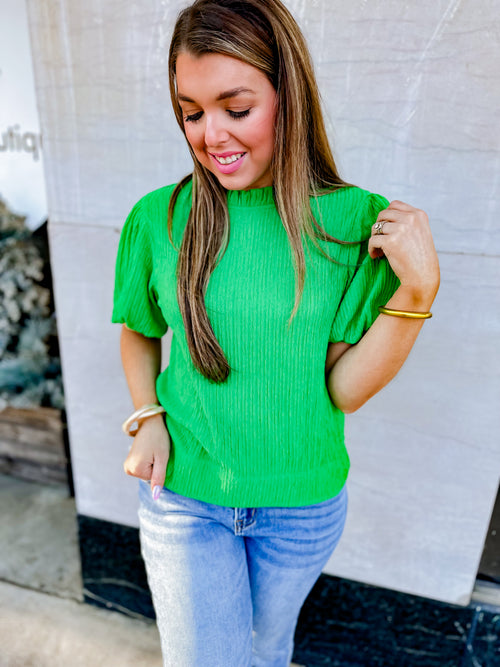 Large-Textured Puffed Sleeves Top - Green