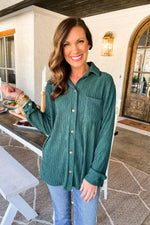 Buttoned Up Textured Collared Top- Hunter Green