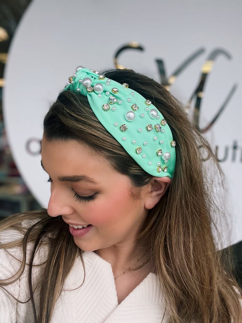 Spring Pearl Studded Headband - Mint