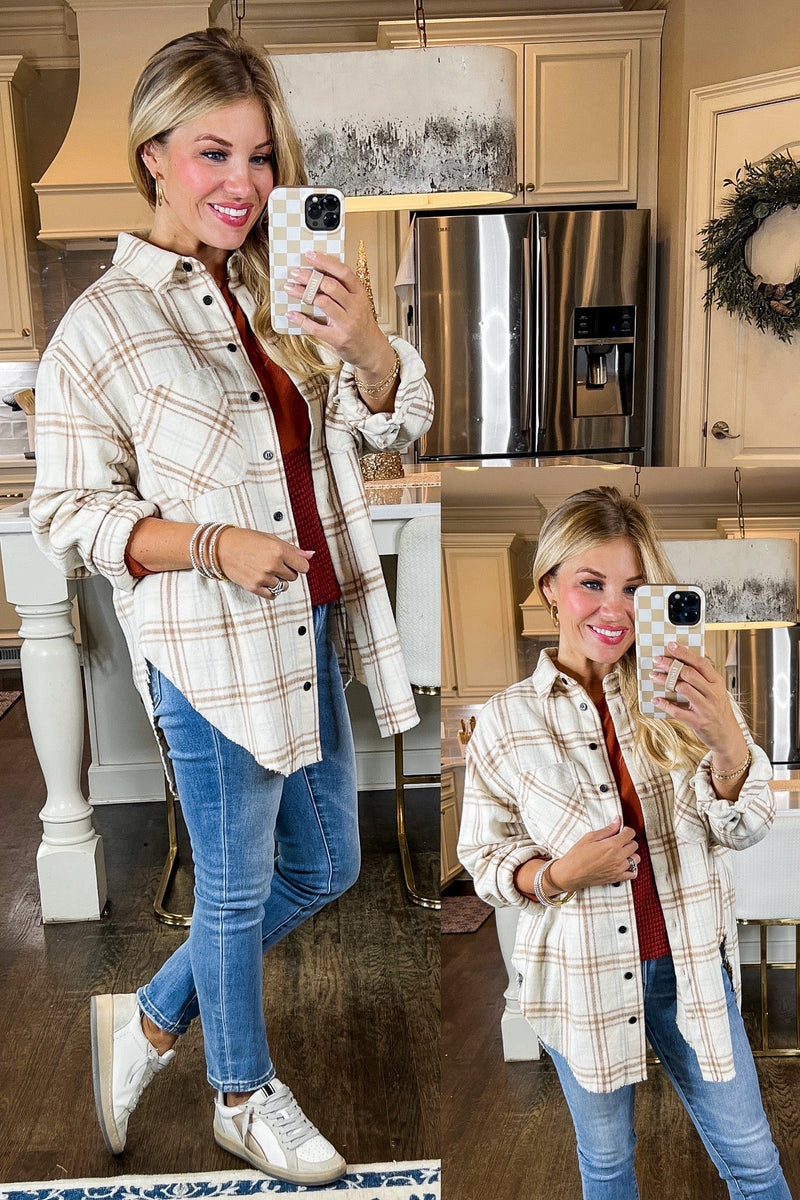 Oversized Button Up Neutral Plaid Shacket