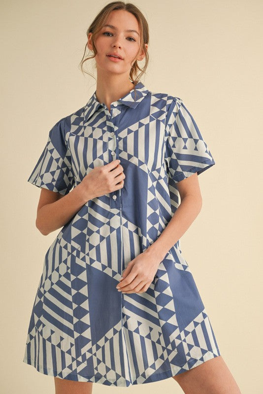 Medium-Denim Geometric Button Dress
