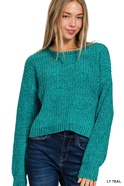 Chenille Round Crop Sweaters - lt. Teal