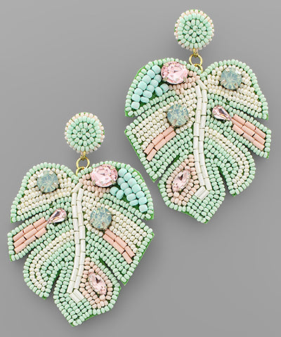 Bead Tropical Leaf Earrings - Mint