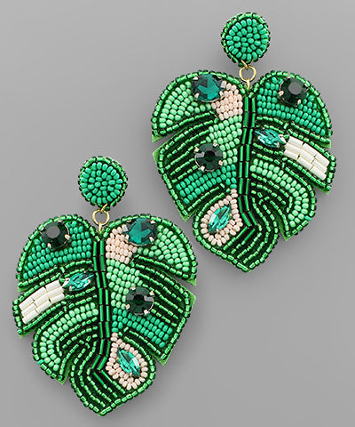 Bead Tropical Leaf Earrings - Green
