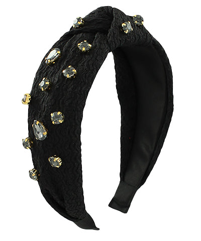 Jewel Stationed Knotted Headband - Black