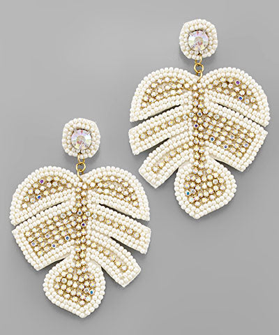 White Siesta Leaf Bead & Crystal Earrings