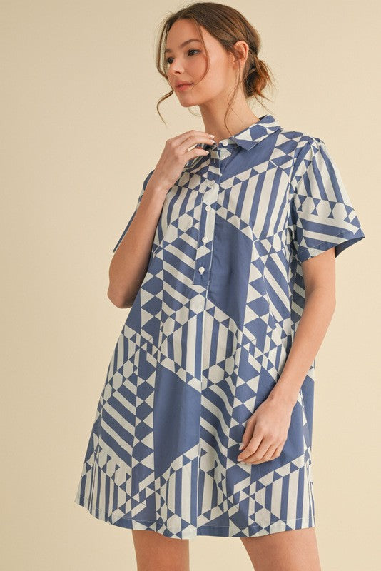 Medium-Denim Geometric Button Dress