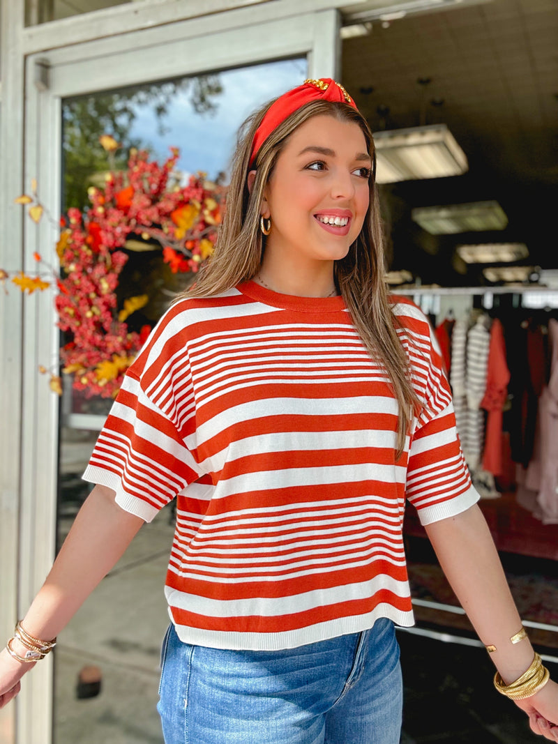 On the Go Striped Knit Top- Rust