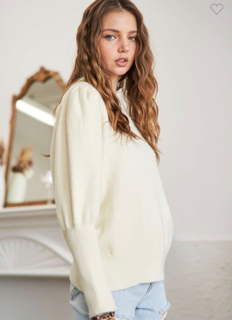 Puff Shoulder Solid Sweater- Ivory