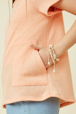 Coral Waffle Knit Patch Pocket Short Sleeve Dolman Top