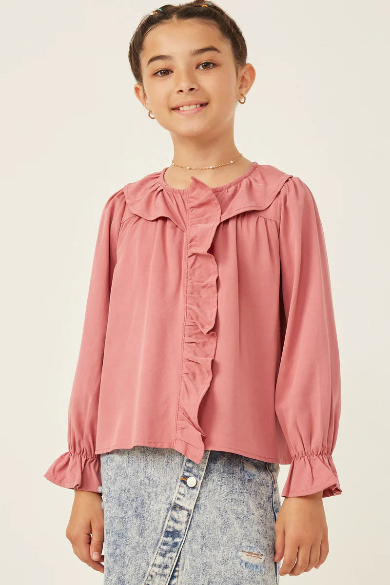Rose Exaggerated Ruffle Placket Long Sleeve Top