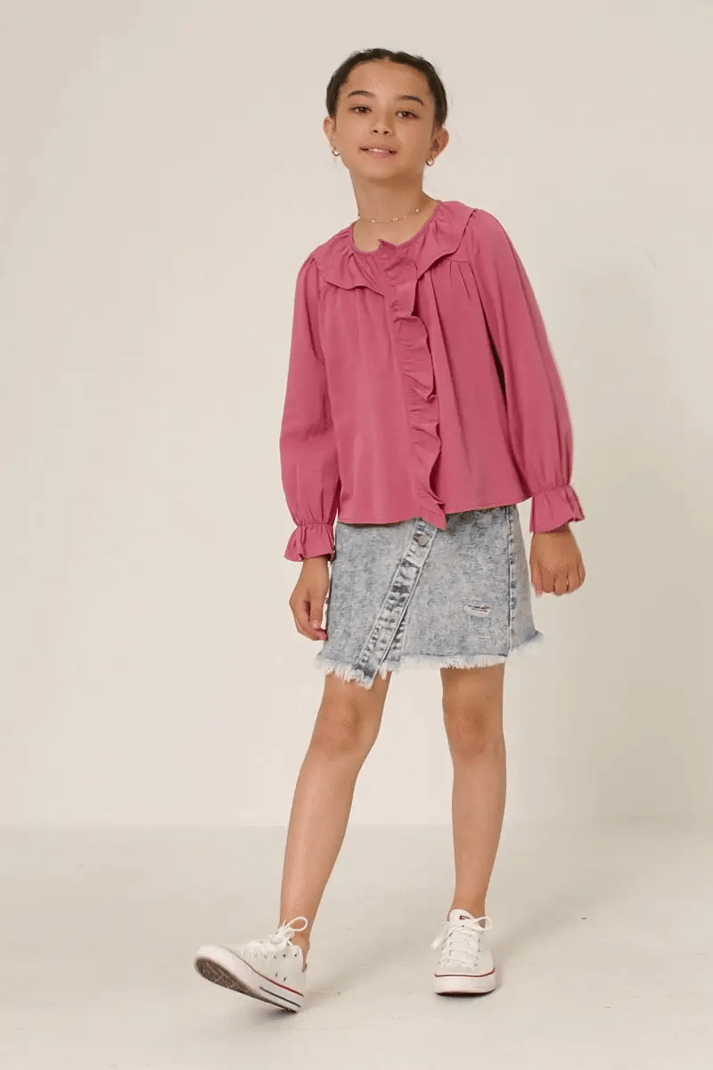 Rose Exaggerated Ruffle Placket Long Sleeve Top