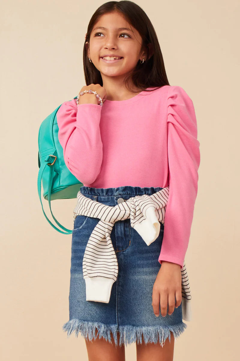 Pleated Puff Shoulder Knit Top - Pink