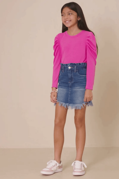 Pleated Puff Shoulder Knit Top - Pink