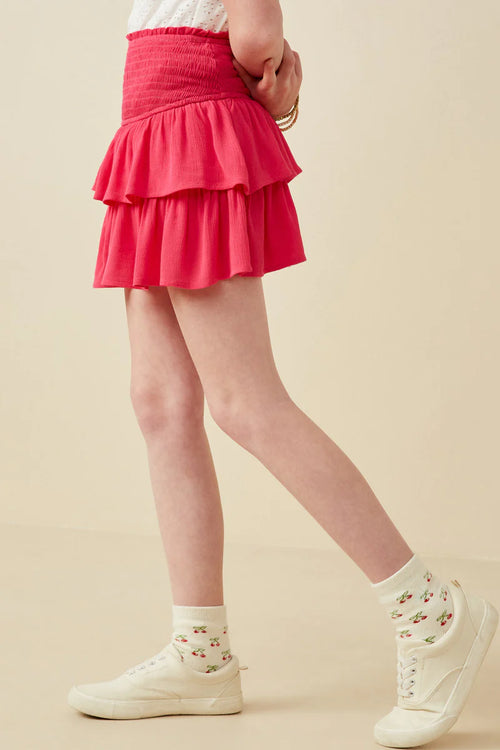 Smocked Ruffle Tiered Mini Skirt - Fuschia
