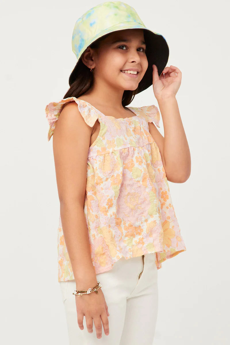 Textured Floral Button Back Ruffle Tank