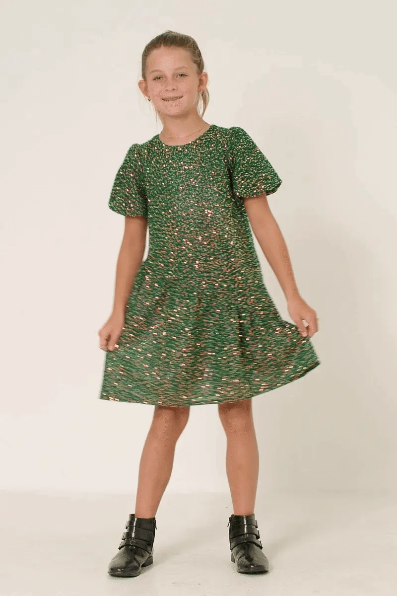 Sequined Asymmetric Hem Puff Sleeve Dress