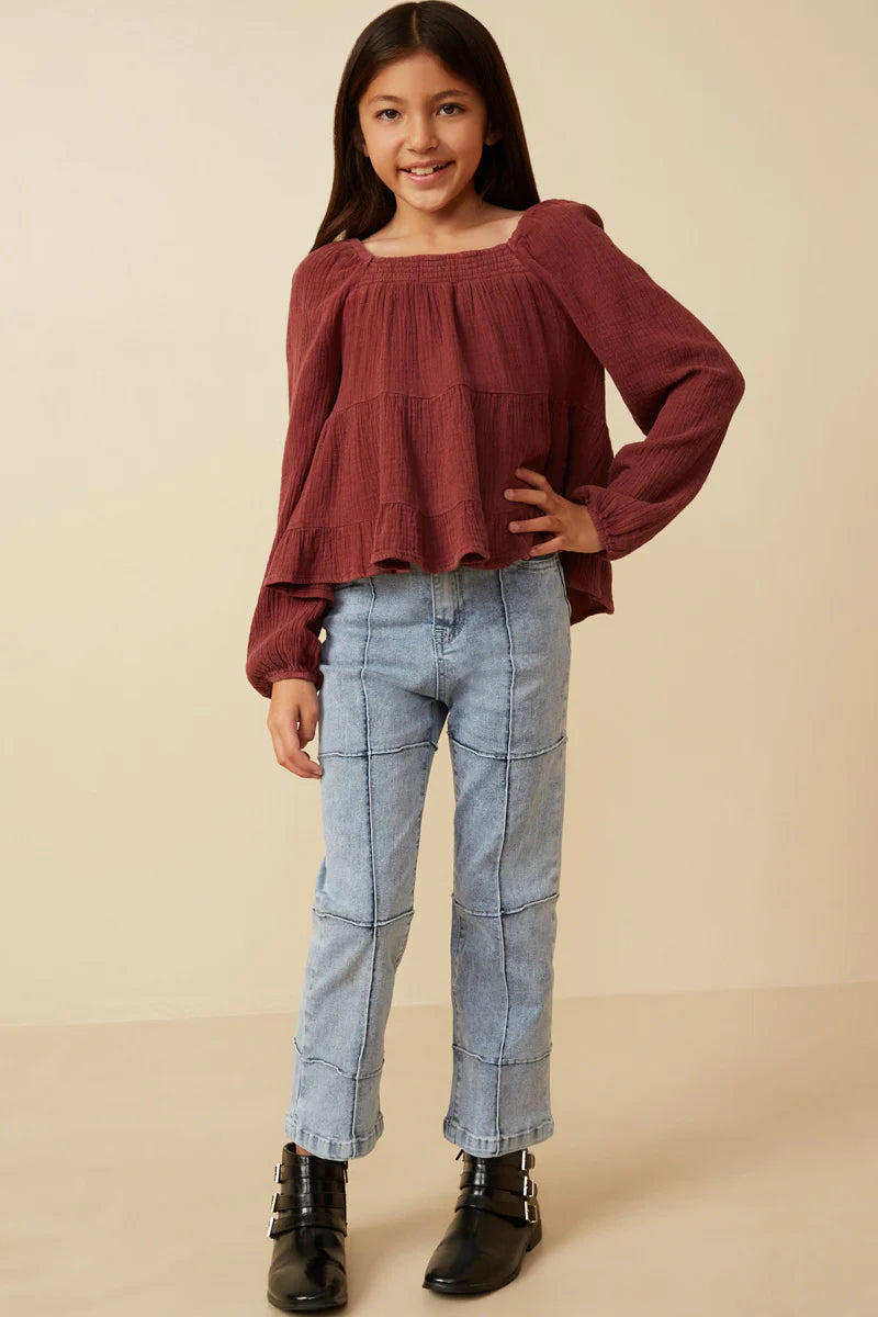 Smock Detailed Textured Washed Peplum Top