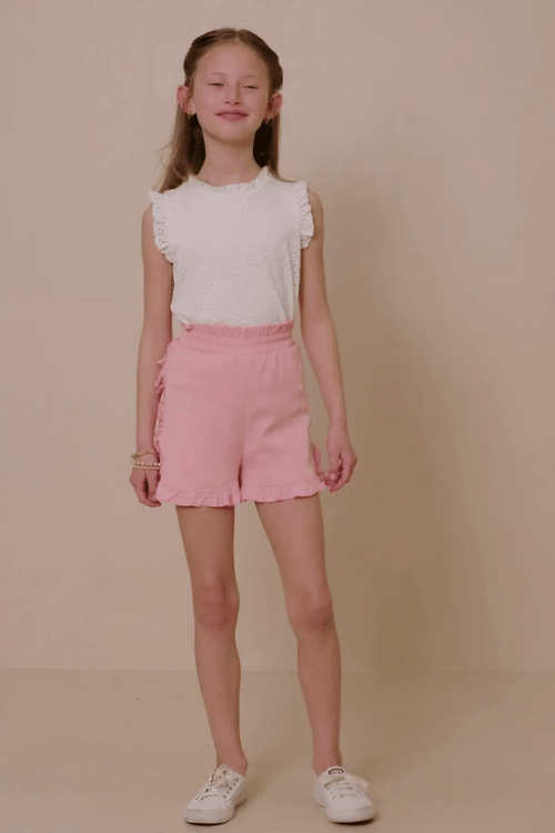 Ruffle Trimmed Elastic Waist Soft Shorts - Pink