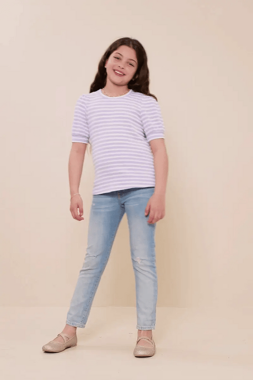 Textured Stripe Puff Sleeve Knit Top - Lavender
