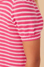 Textured Stripe Puff Sleeve Knit Top - Pink