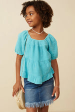 Blue Washed Smock Detail Puff Sleeve Gauze Top