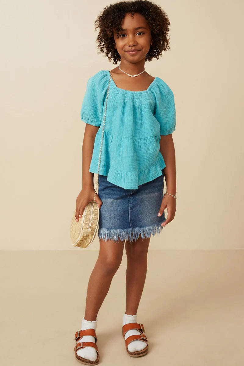 Blue Washed Smock Detail Puff Sleeve Gauze Top