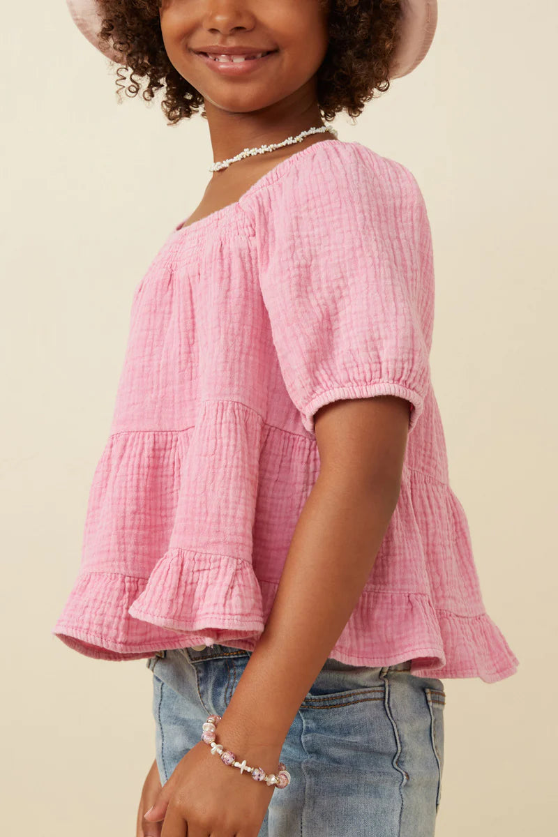 Pink Washed Smock Detail Puff Sleeve Gauze Top