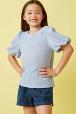 Blue Crinkled Puff Sleeve Knit Top