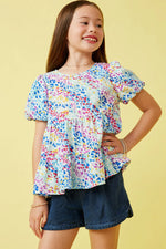 Blue Abstract Multi Color Dot Peplum Top