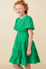 Bow Back Puff Sleeve Poplin Dress - Green