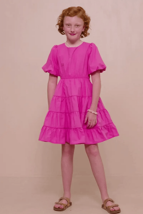 Bow Back Puff Sleeve Poplin Dress - Pink