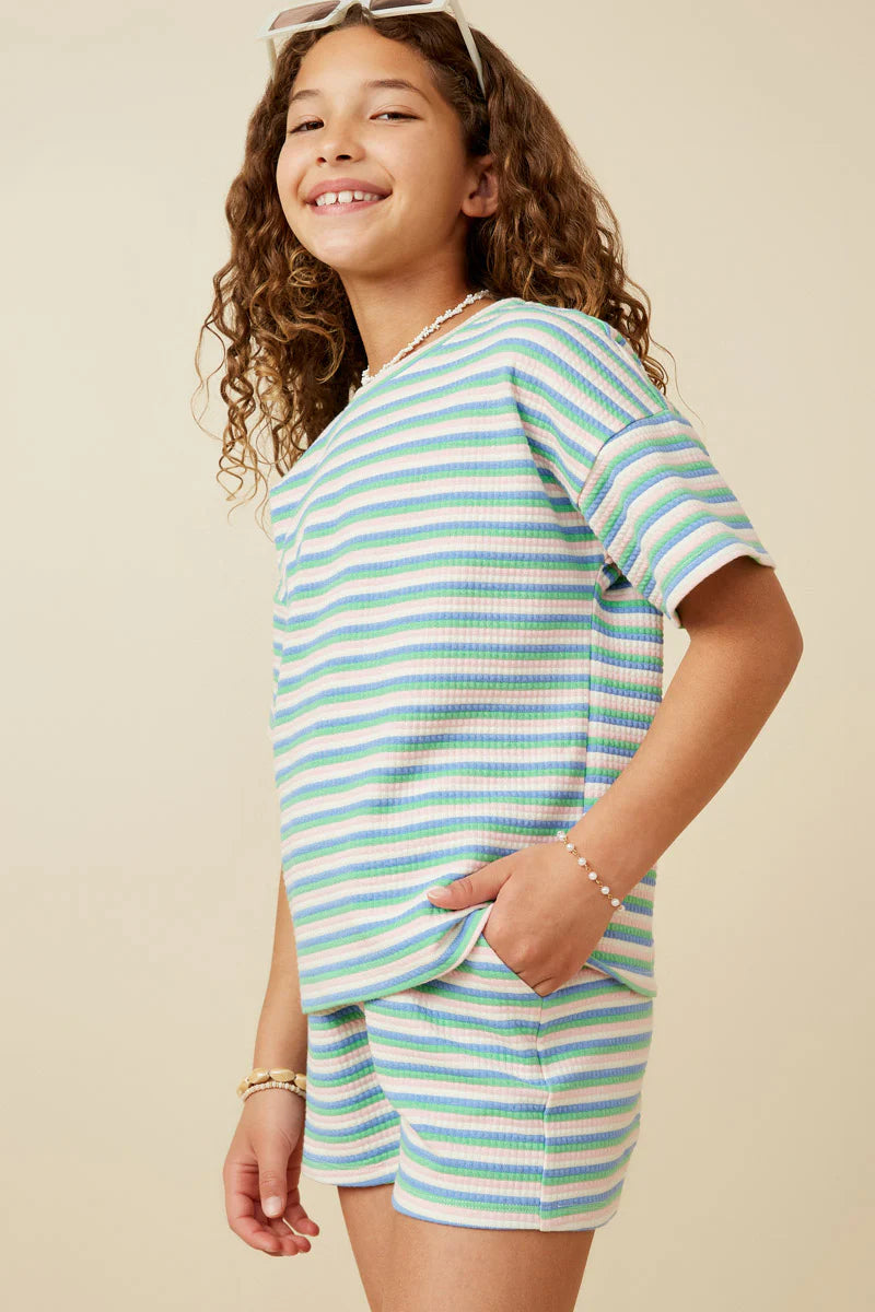 Multi Stripe Waffle Knit Drop Shoulder T Shirt