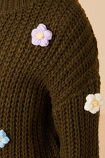 Low Gauge Hand-Made Floral Crochet Sweater - Olive