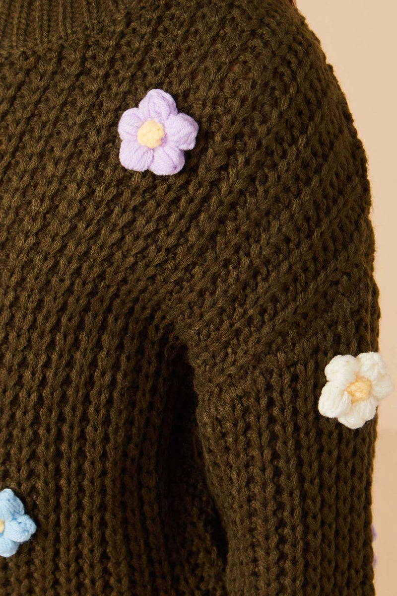 Low Gauge Hand-Made Floral Crochet Sweater - Olive