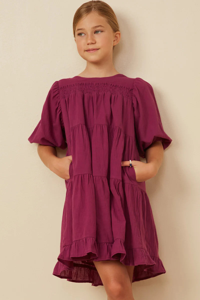 Berry Textured Ruffle Detailed Tiered Dress