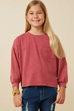 Magenta Drop Shoulder Washed Long Sleeve Knit T Shirt